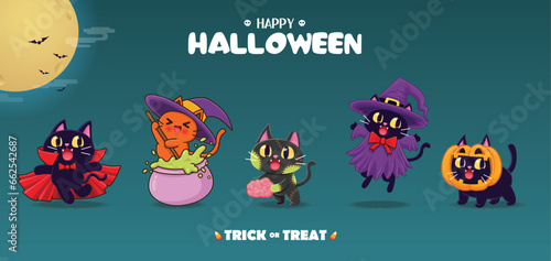 Vintage Halloween poster design with vector cat and jack o lantern character set. 