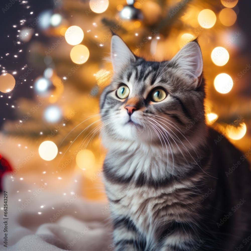 Funny Christmas Cat Playful Decorations by the Tree - A Heartwarming Holiday,ai generated Funny Christmas Cat Playful Decorations by the Tree - A Heartwarming Holiday,ai generated