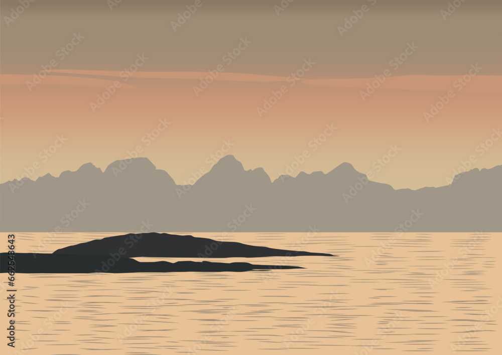 Beautiful lake at sunset. Vector illustration in flat style.