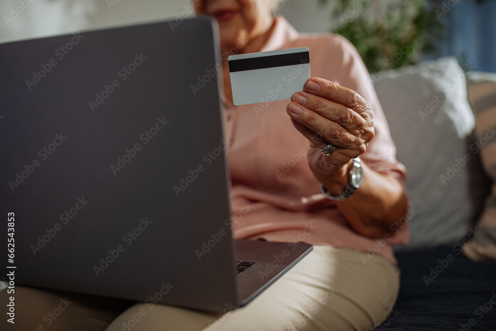 Grandmother using laptop and credit card for online buying