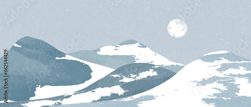 Blue mountain landscape illustrations. Creative minimalist modern art painting. Abstract contemporary aesthetic backgrounds landscapes. with mountains, hill and sky