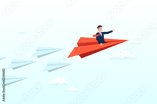Confident businessman lead other paper airplane origami, leadership to guide team direction lead to success, determination or decision to motivate team, power to control or influence people (Vector)