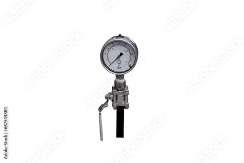 Close-up view of air pressure gauge with shut-off valve isolated on transparent background png file.