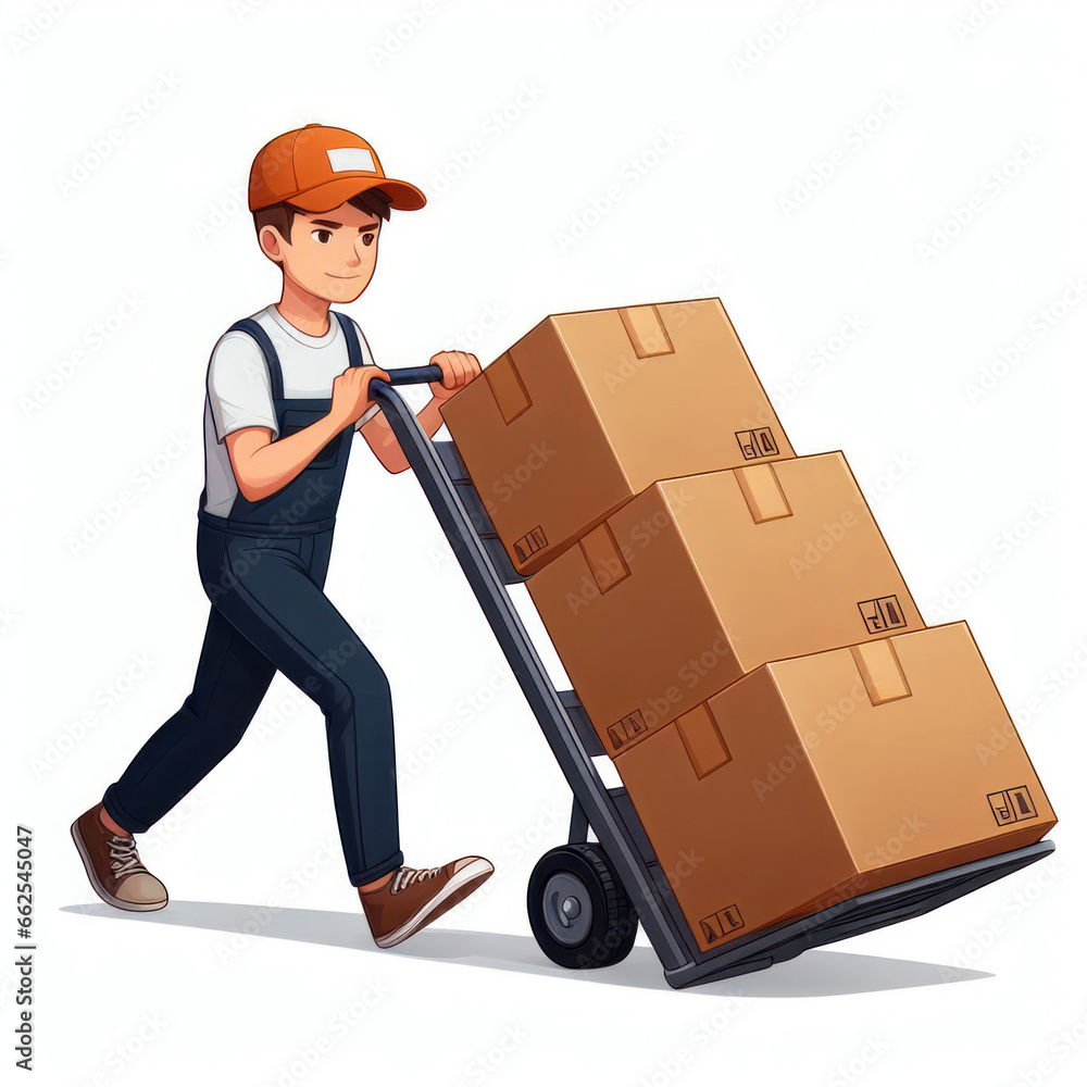 Delivery man pushing a hand truck with cardboard boxes isolated on white background Delivery man pushing a hand truck with cardboard boxes isolated on white background
