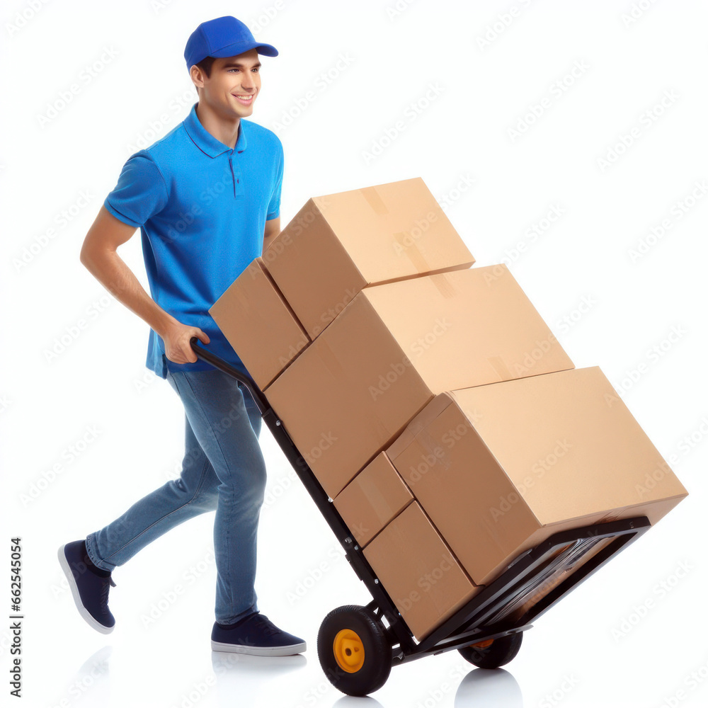 Delivery man pushing a hand truck with cardboard boxes isolated on white background Delivery man pushing a hand truck with cardboard boxes isolated on white background