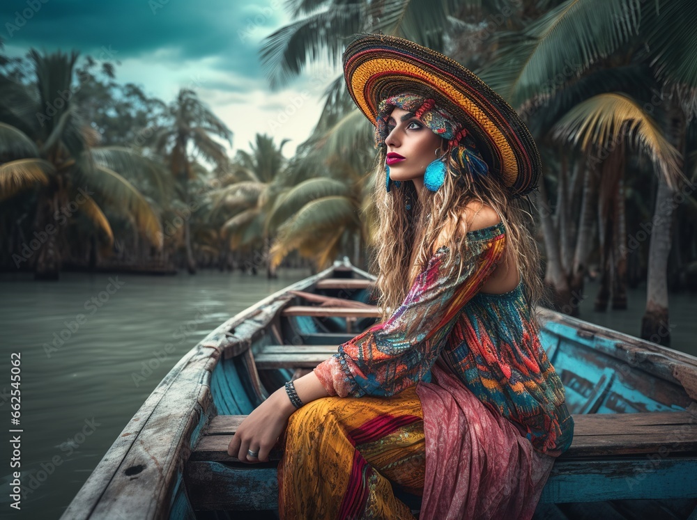 Woman in hat sitting on pier