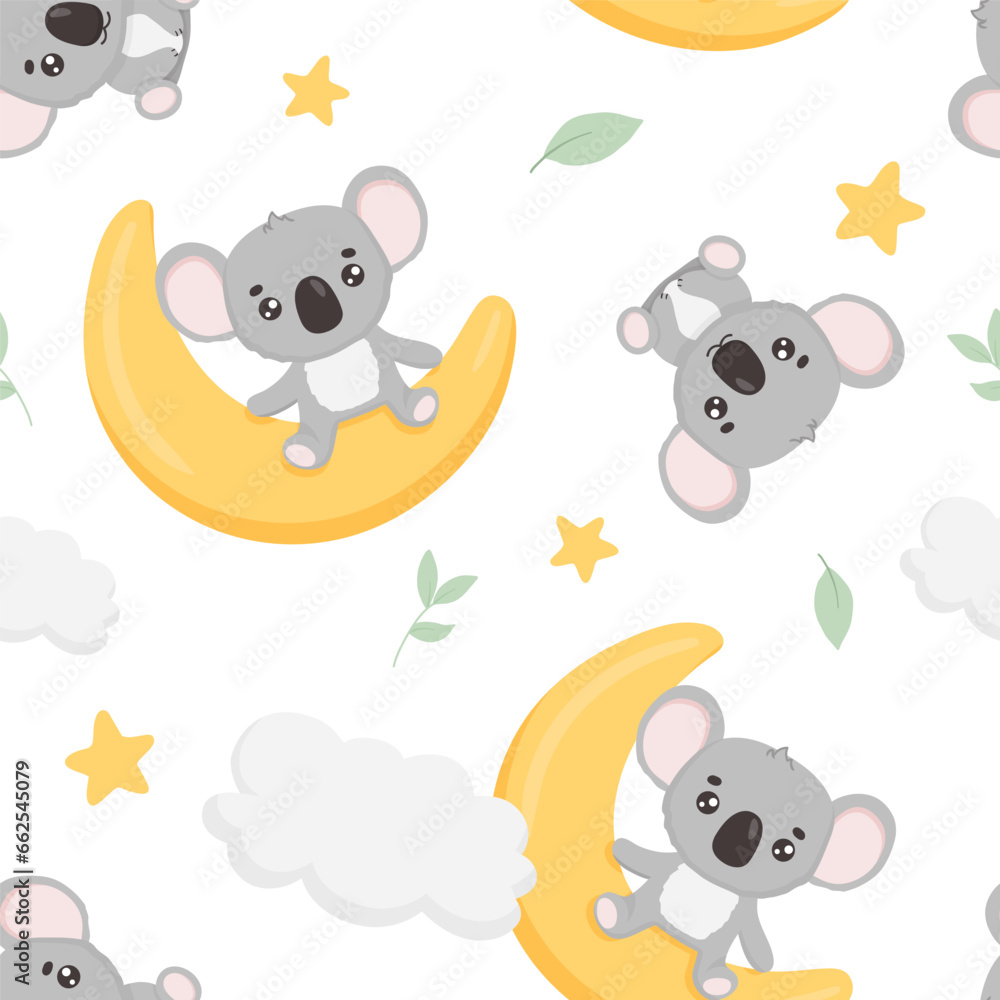 Seamless pattern with cute koala on crescent moon and stars. Funny childish background for fabric