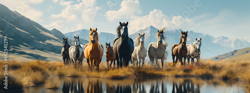 Portrait picture , nine horses are drinking by the stream with a beautiful mountain view in the background, artistic painting , Fresh clear blue water, bright tones photo