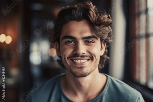 Cheerful young man in casual wear looking at camera