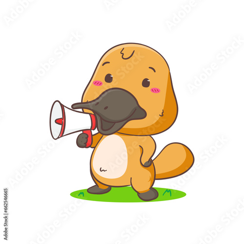 Cute Platypus holding megaphone cartoon character. Kawaii Adorable animal concept design. Isolated white background. Vector art illustration