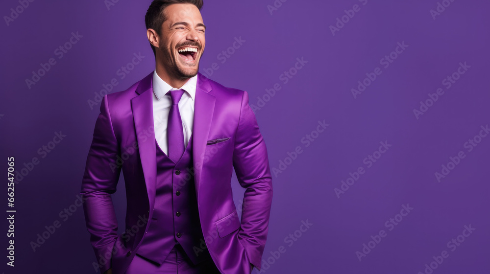 Ultra handsome Caucasian, who is smiling and laughing, wearing bright purple clothes. Bright purple solid background similar to the dress color. Ultra handsome Caucasian, who is smiling and laughing, wearing bright purple clothes. Bright purple solid background similar to the dress color.