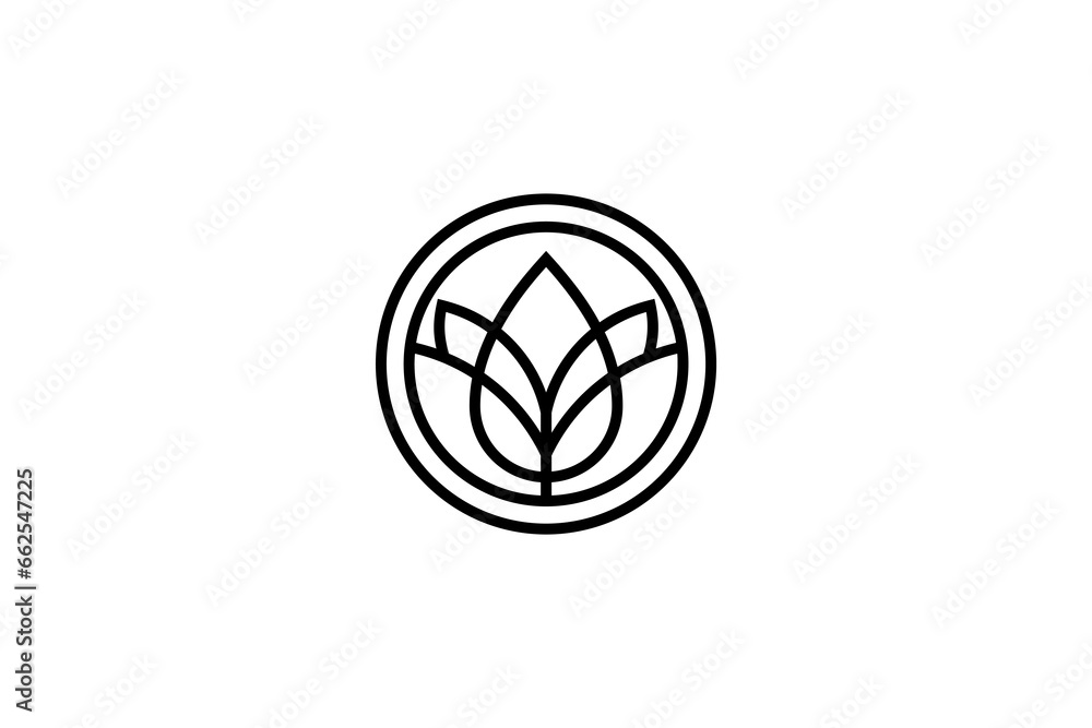 Lotus flower line art logo design in circle shape with combination of water drop elements Lotus flower line art logo design in circle shape with combination of water drop elements