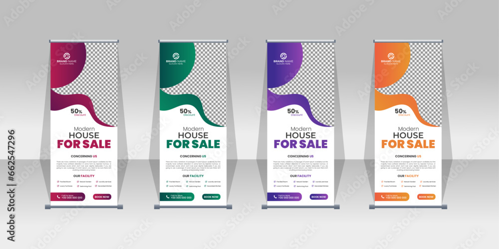 Roll up banner for real estate, home for sale real estate roll up banner, pull up banner template - obrazy, fototapety, plakaty 