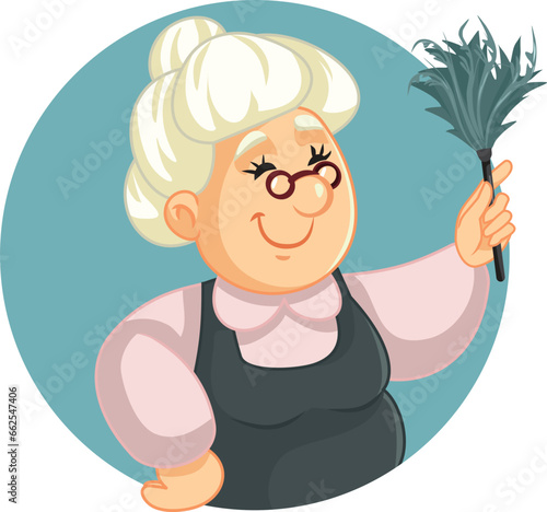 Professional Housekeeper Holding Duster Vector Cartoon Mascot Character. Elderly housekeeper wearing her uniform working doing her job 
