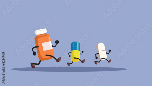 Medicine Pills and Capsules Running with Energy Vector Cartoon. Funny mascot medicine being active and in good health 
