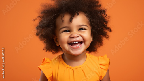 Happy Indian baby with afro, smiling and laughing, wearing a solid orange dress. solid orange background similar to the dress color. photo