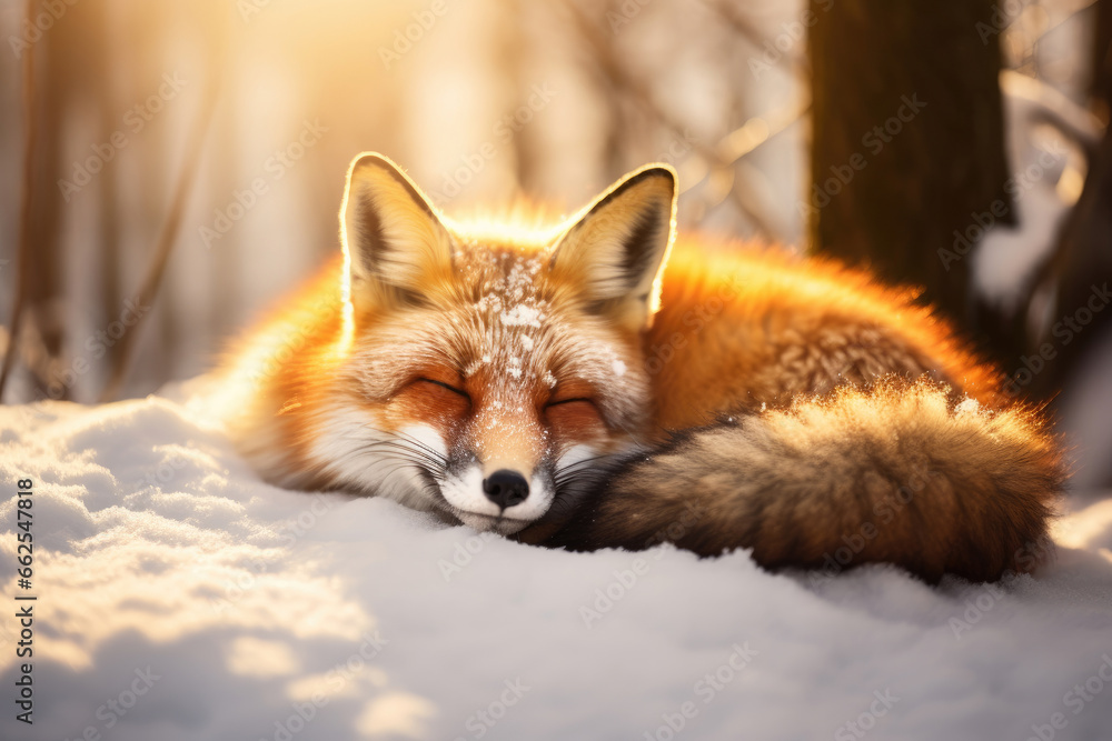 Obraz premium Red fox lying in a winter forest