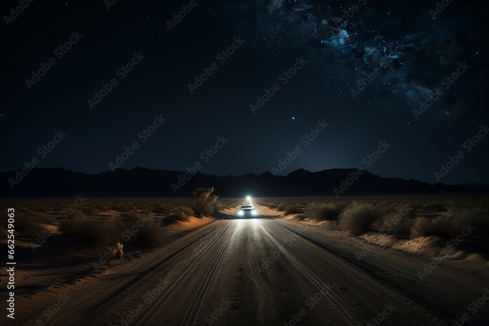 Landscape and transportation concept. Car driving on empty road in desert during night. Car illuminating road with beams. Clear with stars and milky way sky background with copy space. Generative AI