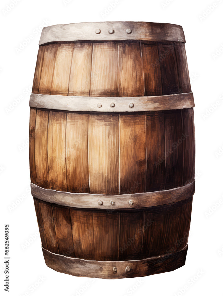 Fototapeta premium Watercolor illustration of wooden barrel isolated on transparent background
