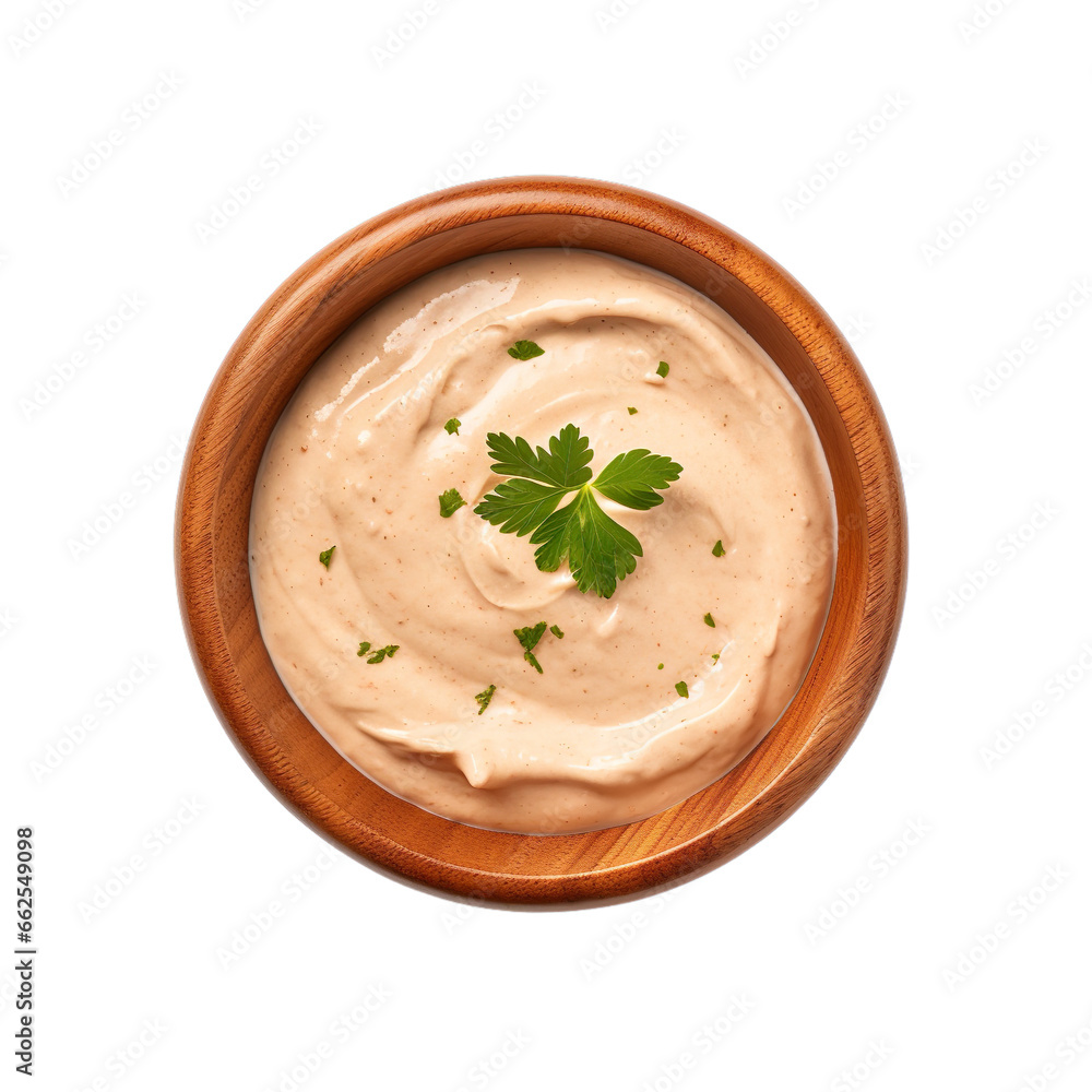 Top view of chipotle mayo dip in a wooden bowl isolated on a white background Top view of chipotle mayo dip in a wooden bowl isolated on a white background
