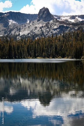 a vertical shot of the mammoth lakes with rocky mountains and forest on the background, CA