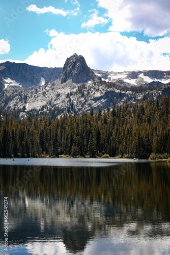 a vertical shot of the mammoth lakes with rocky mountains and forest on the background, CA