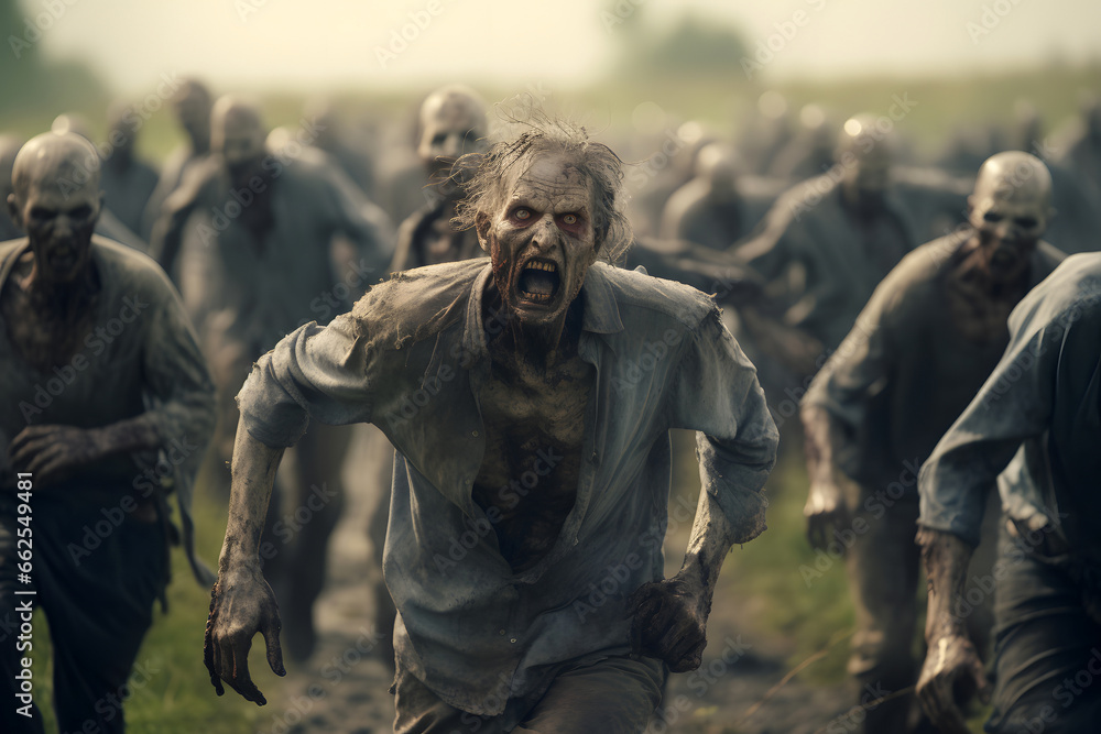 Group of zombies running on summer meadow at day light. Neural network generated image. Not based on any actual person, scene or pattern. Group of zombies running on summer meadow at day light. Neural network generated image. Not based on any actual person, scene or pattern.