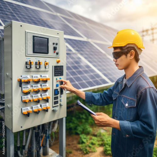 An Asian worker wearing a yellow helmet inspects the operation of an electric power control system on a farm equipped with solar panels..