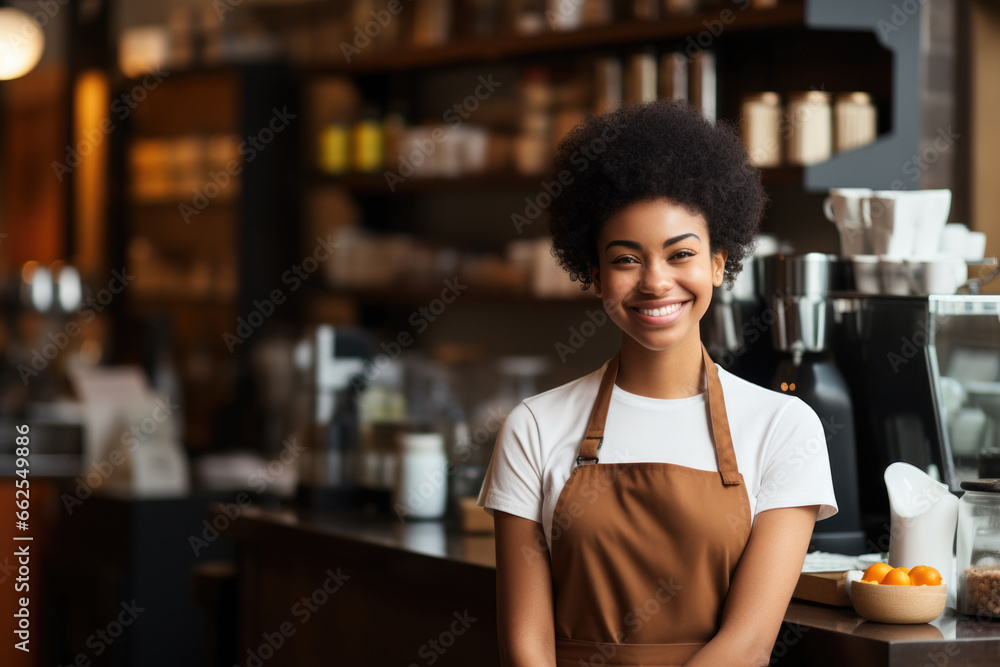 Woman standing in front of counter in coffee shop. This image can be used to depict customer ordering or waiting for their coffee.