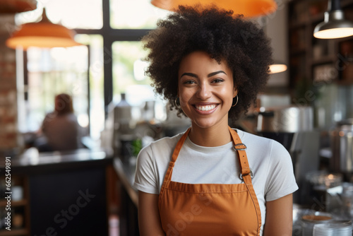 Woman wearing orange apron smiles at camera. This picture can be used to showcase friendly customer service or as representation of happy and approachable worker. photo