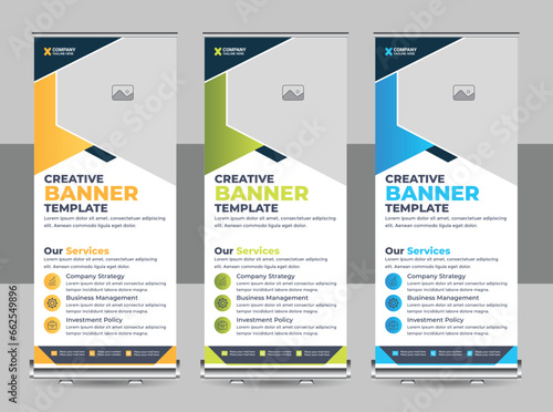 Modern roll up banner design template, vertical, abstract background, pull up design, modern x-banner template layout