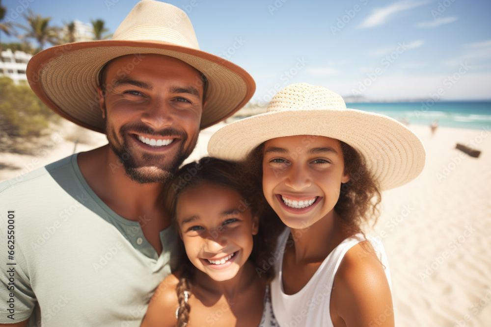 Picture of man, woman, and child spending quality time together on beautiful beach. Perfect for illustrating family vacations and joy of spending time with loved ones.