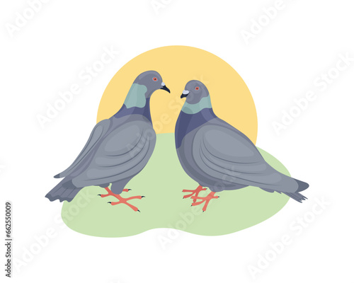 Pigeons. Two pigeons look at each other. Pigeon and dove-dove on the background of the rising sun. Urban birds. Vector illustration on a white background