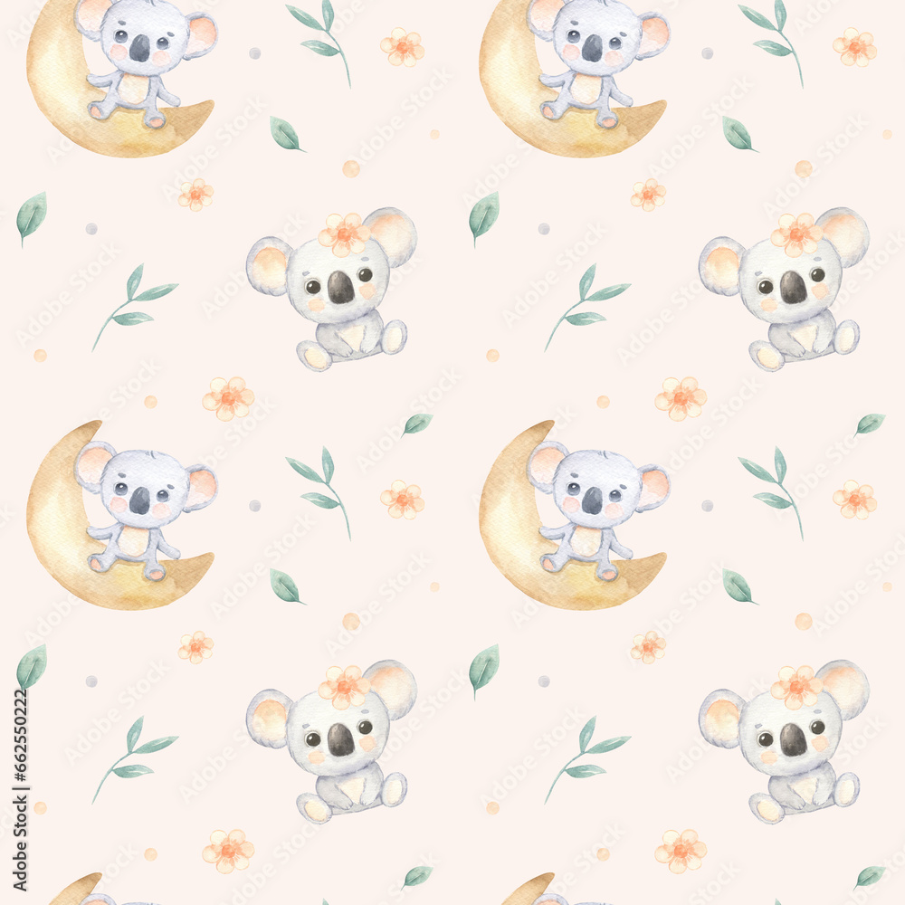 Fototapeta premium Seamless pattern with cute koala on crescent moon. Funny childish background for clothes, fabric, nursery wallpaper. Hand drawn baby koala