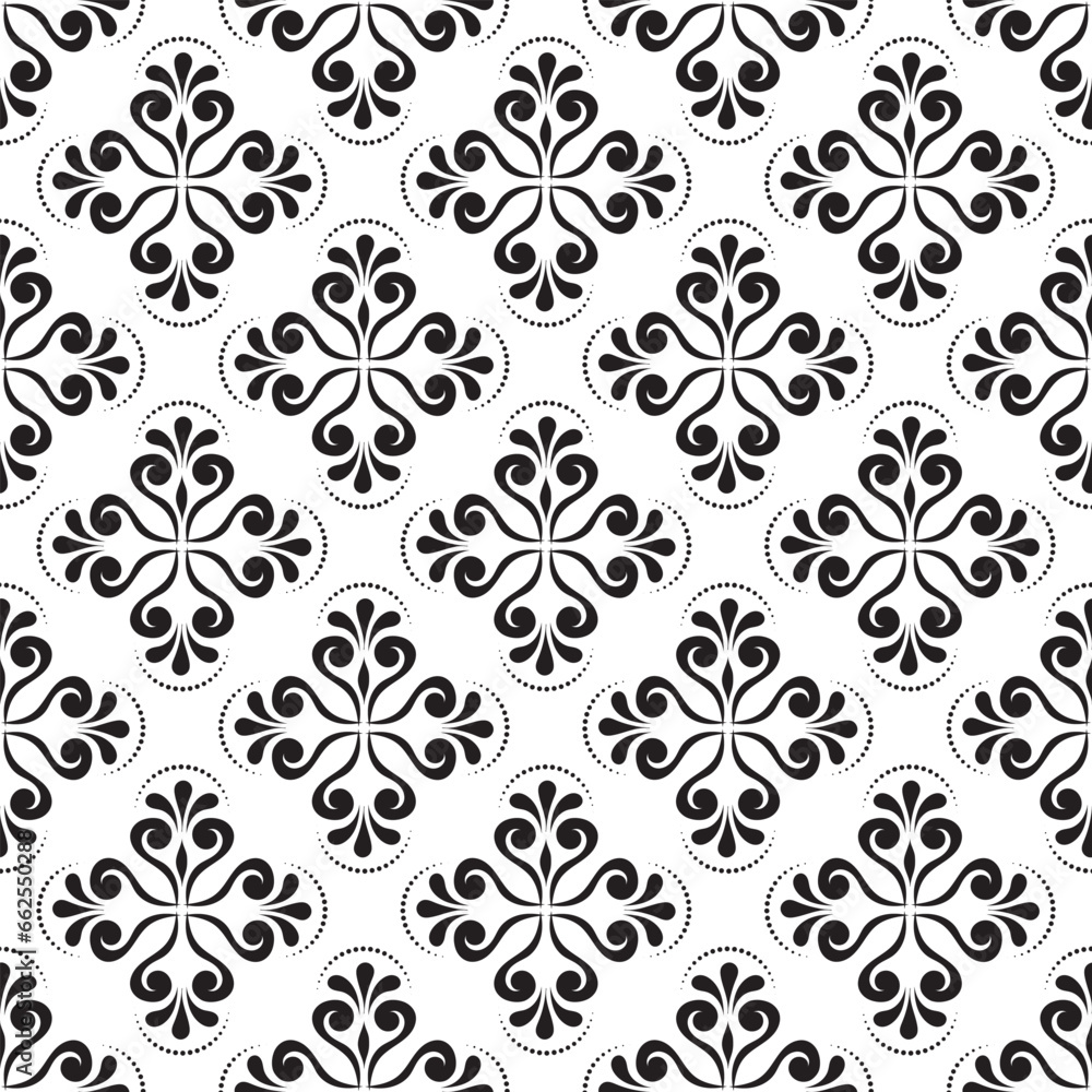 A seamless pattern with black and white geometric floral elements, with a damask graphic ornament.