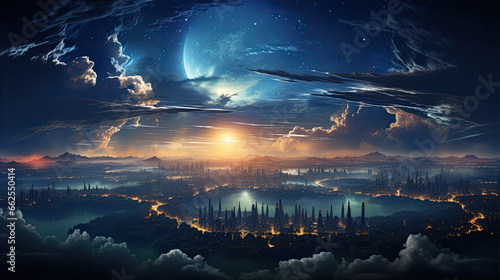 Panoramic view on planet Earth globe from space. Glowing city lights  light clouds.  