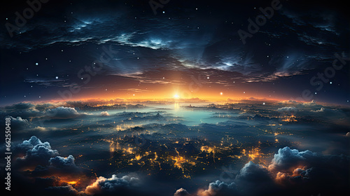 Panoramic view on planet Earth globe from space. Glowing city lights, light clouds. 