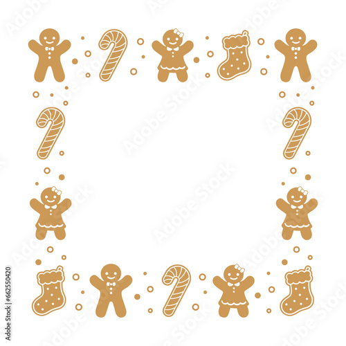 Square Gingerbread Cookies Frame Border, Christmas Winter Holiday Graphics. Homemade sweets pattern, card and social media post template on white background. Isolated vector illustration.