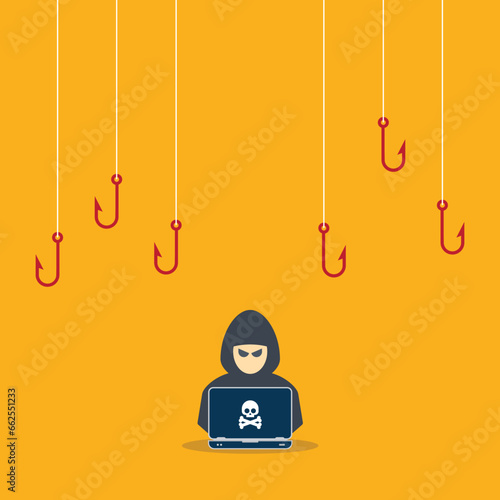 Hacker with laptop computer stealing confidential data, personal information and credit card detail. Concept of hacking cybersecurity, cybercrime, cyberattack	