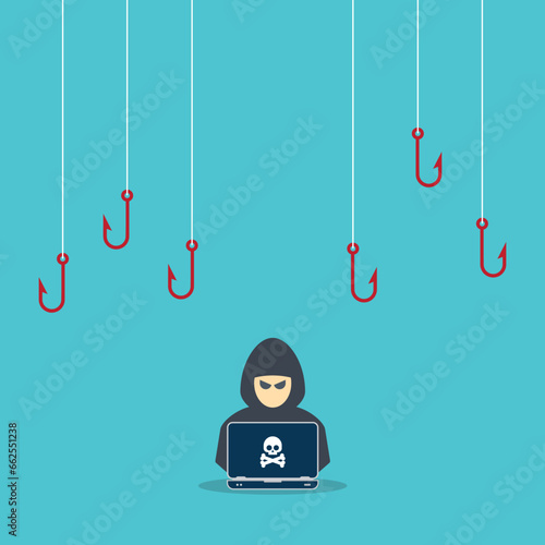 Hacker with laptop computer stealing confidential data, personal information and credit card detail. Concept of hacking cybersecurity, cybercrime, cyberattack	