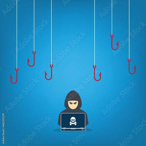 Hacker with laptop computer stealing confidential data, personal information and credit card detail. Concept of hacking cybersecurity, cybercrime, cyberattack	