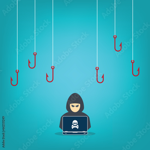 Hacker with laptop computer stealing confidential data, personal information and credit card detail. Concept of hacking cybersecurity, cybercrime, cyberattack	