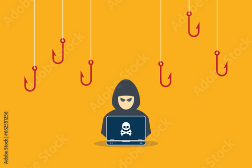 Hacker with laptop computer stealing confidential data, personal information and credit card detail. Concept of hacking cybersecurity, cybercrime, cyberattack	