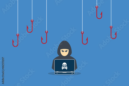 Hacker with laptop computer stealing confidential data, personal information and credit card detail. Concept of hacking cybersecurity, cybercrime, cyberattack	