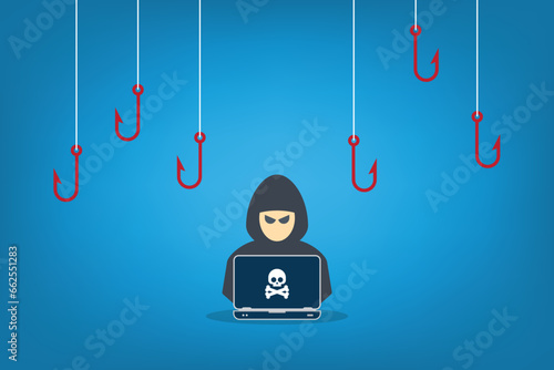 Hacker with laptop computer stealing confidential data, personal information and credit card detail. Concept of hacking cybersecurity, cybercrime, cyberattack	