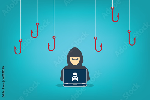 Hacker with laptop computer stealing confidential data, personal information and credit card detail. Concept of hacking cybersecurity, cybercrime, cyberattack	