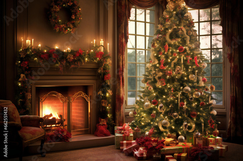 Beautifully decorated living room on the occasion of New Year and Christmas holidays. decorating trees and homes with lights and ornaments, rooms with Christmas trees and fireplace