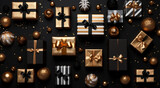 Christmas card with gifts and decoration on black background, Flat lay xmas design concept