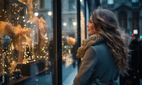 As Christmas time nears, an elegant woman's reflection shines in the store window, dreaming of lavish presents and gifts © Maris