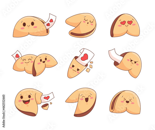 Cute fortune cookies characters. Closed Chinese shortbread with blank paper for message, wishing, surprise. Vector drawing. Collection of design elements.